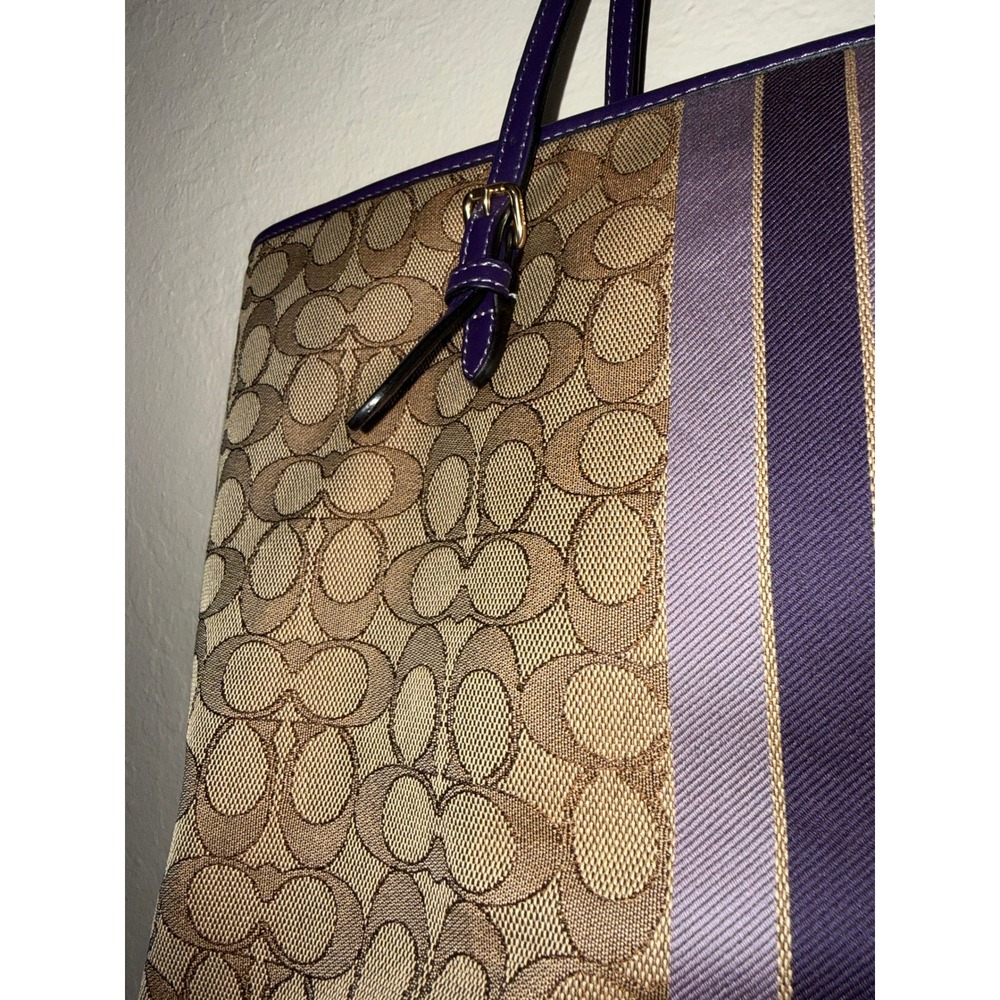 Coach Signature Stripe Tote Bag and wallet Purple Trim Canvas Leather Trim - Picture 4 of 10